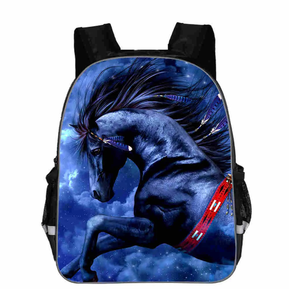 Horse schoolbag with animal head design and cartoon lightning graphics in multiple colour options
