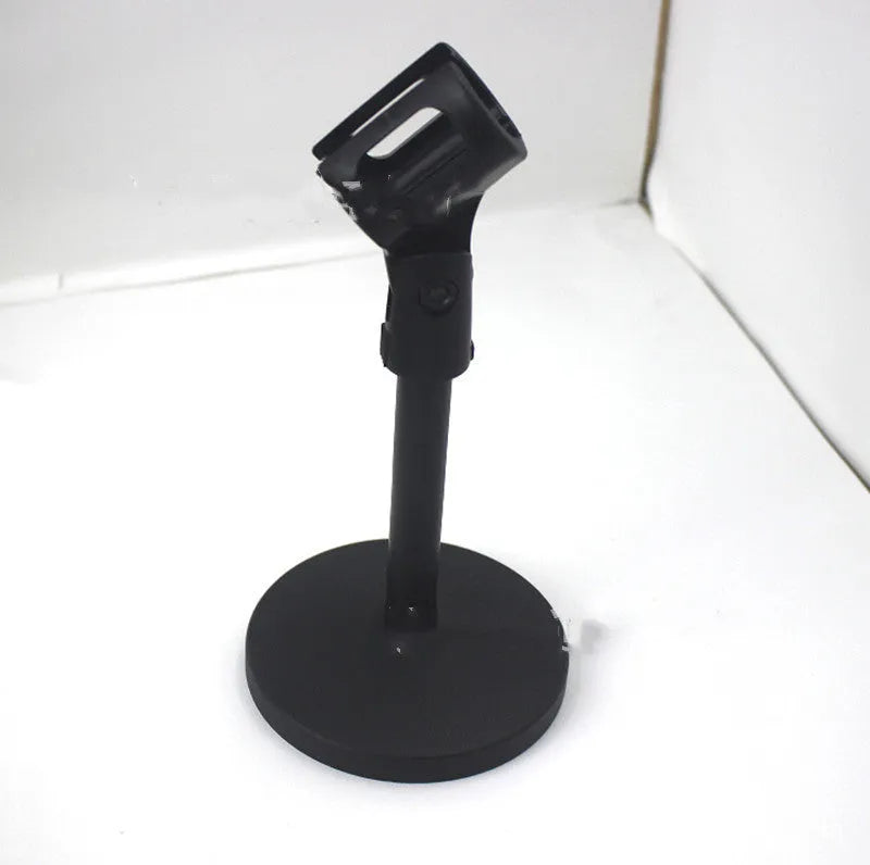 Black metal desktop microphone bracket with 22cm fixed height support and 10.5cm circular base
