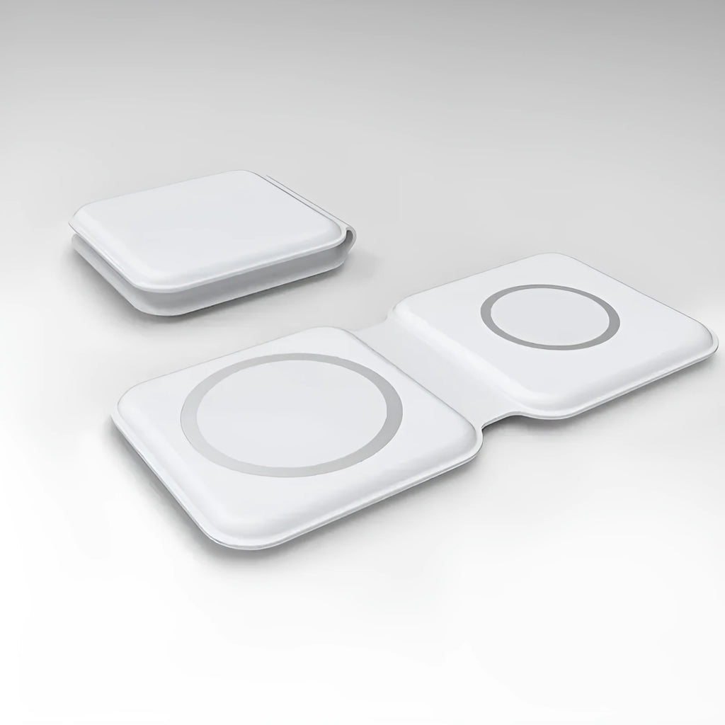 White folding dual magnetic wireless charging dock in stand mode with phone attached