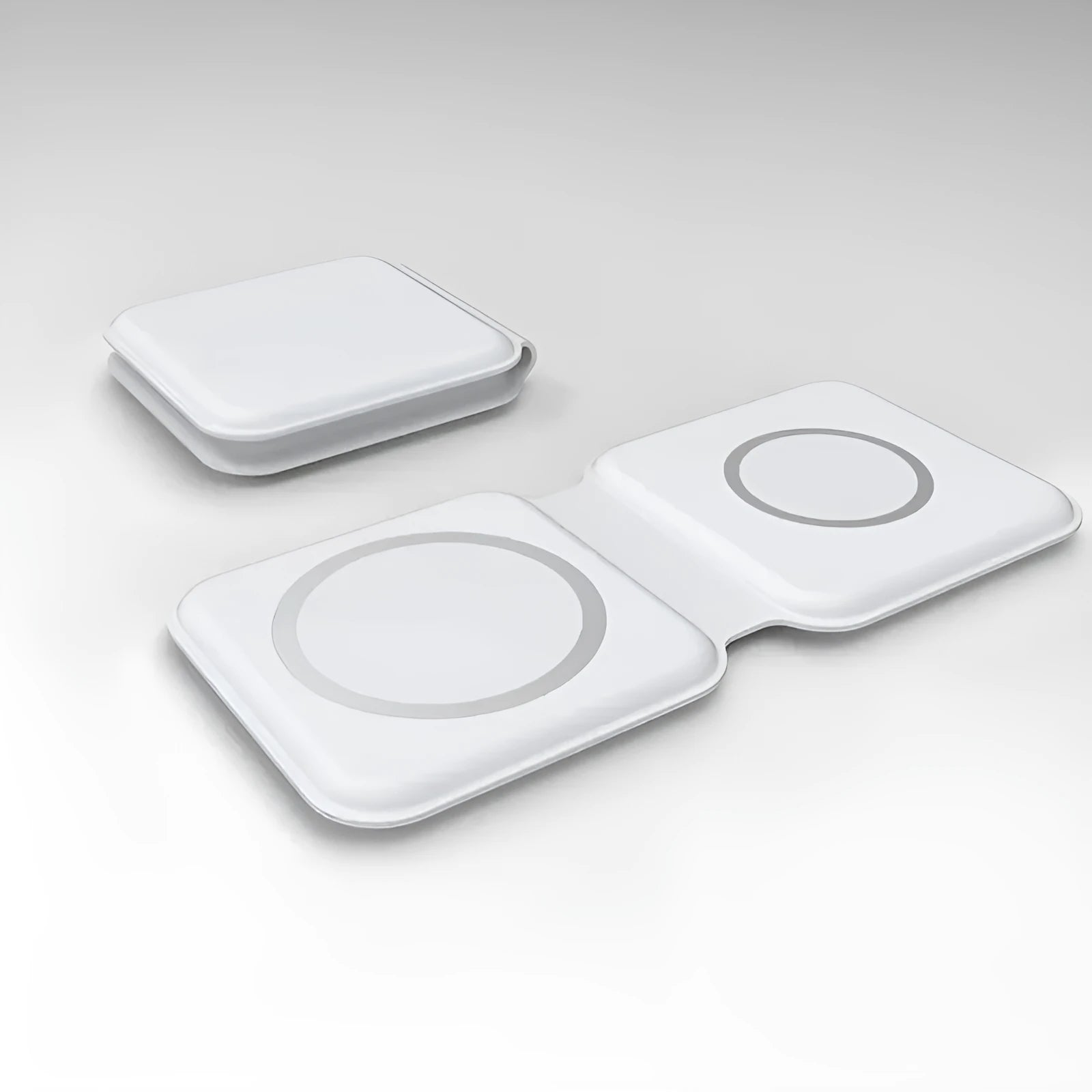 White folding dual magnetic wireless charging dock in stand mode with phone attached