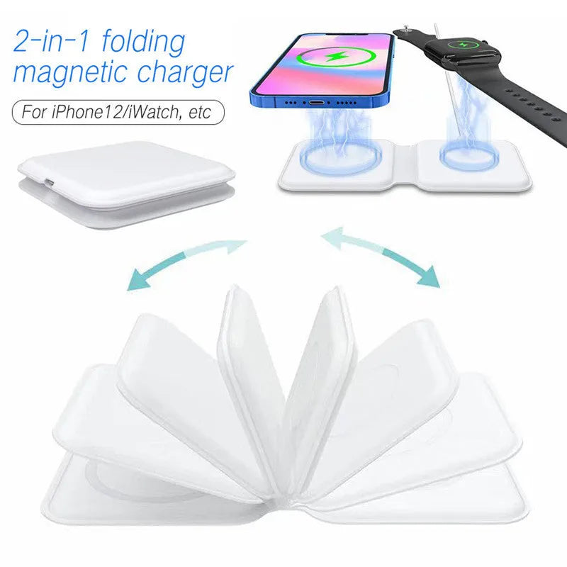 White folding dual magnetic wireless charging dock in stand mode with phone attached