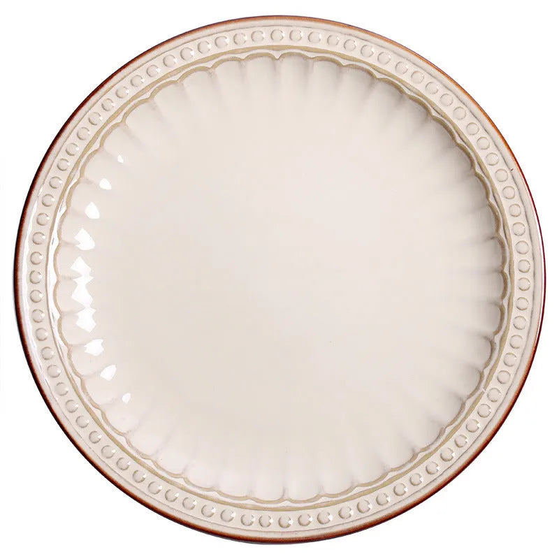 Set of five relief ceramic stoneware plates in retro European design with kiln change relief texture, available in colours C1 to C5