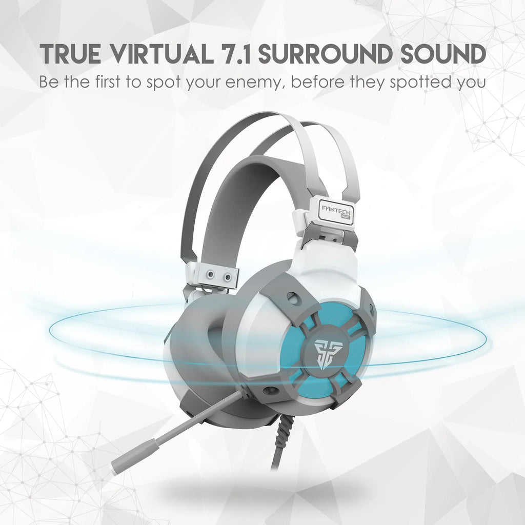 Black Fantech HG11 USB gaming headset with RGB lights and inline remote control on cable.