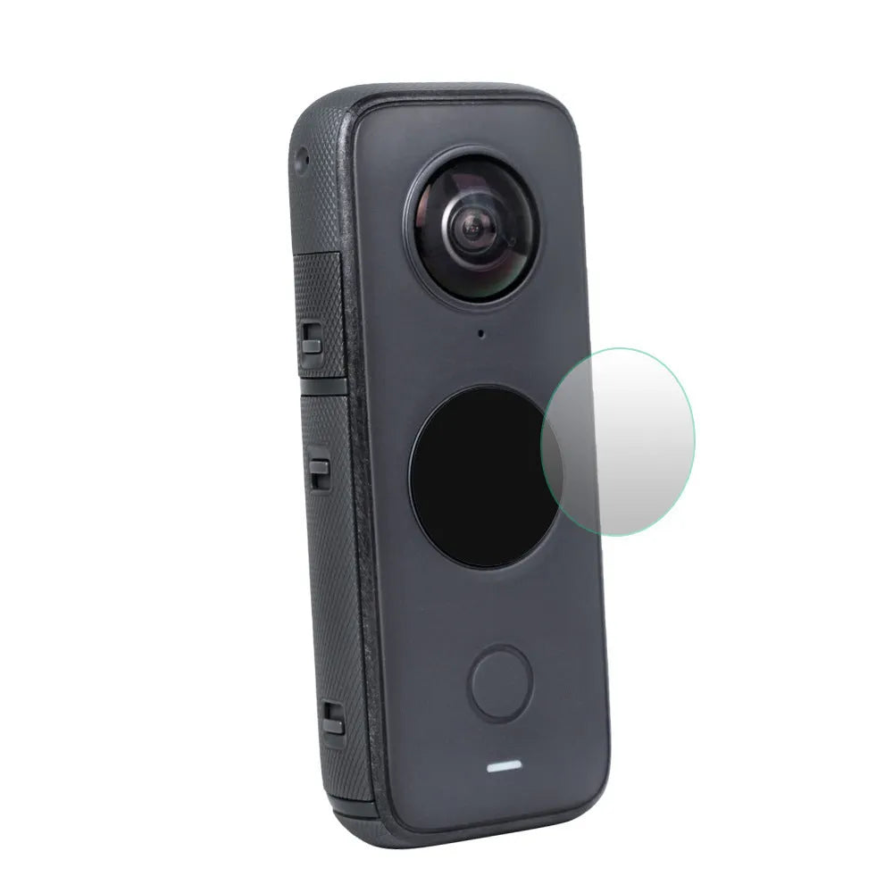 Insta360 ONE X2 tempered glass screen protector with black border and cleaning cloth