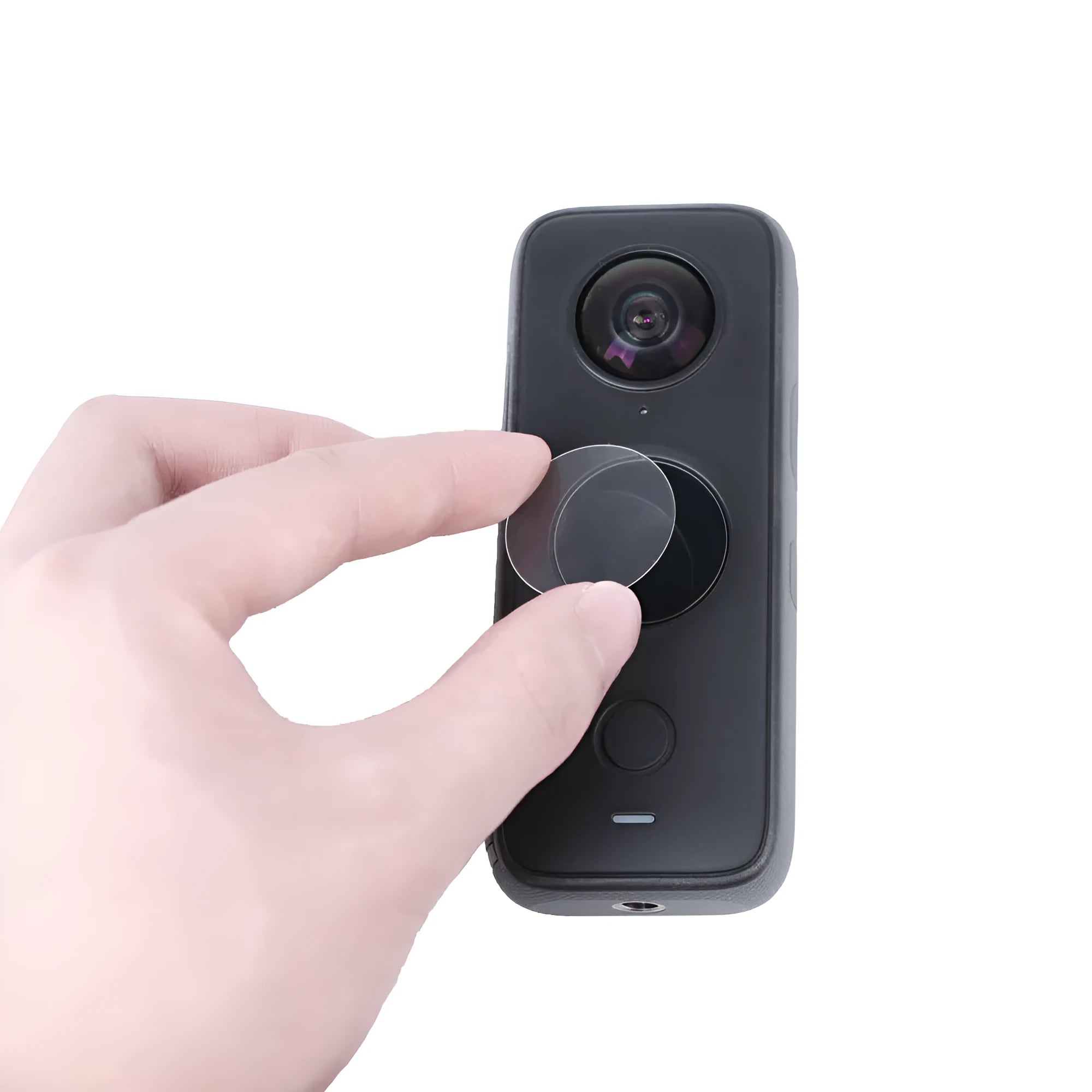 Insta360 ONE X2 tempered glass screen protector with black border and cleaning cloth