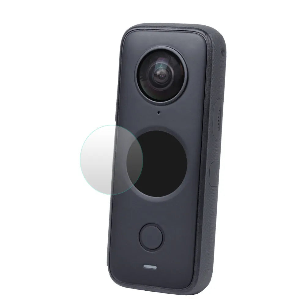 Insta360 ONE X2 tempered glass screen protector with black border and cleaning cloth