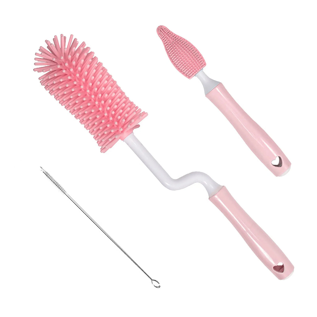 Blue, pink, and yellow silicone baby bottle brushes with an integrated straw cleaning tool.