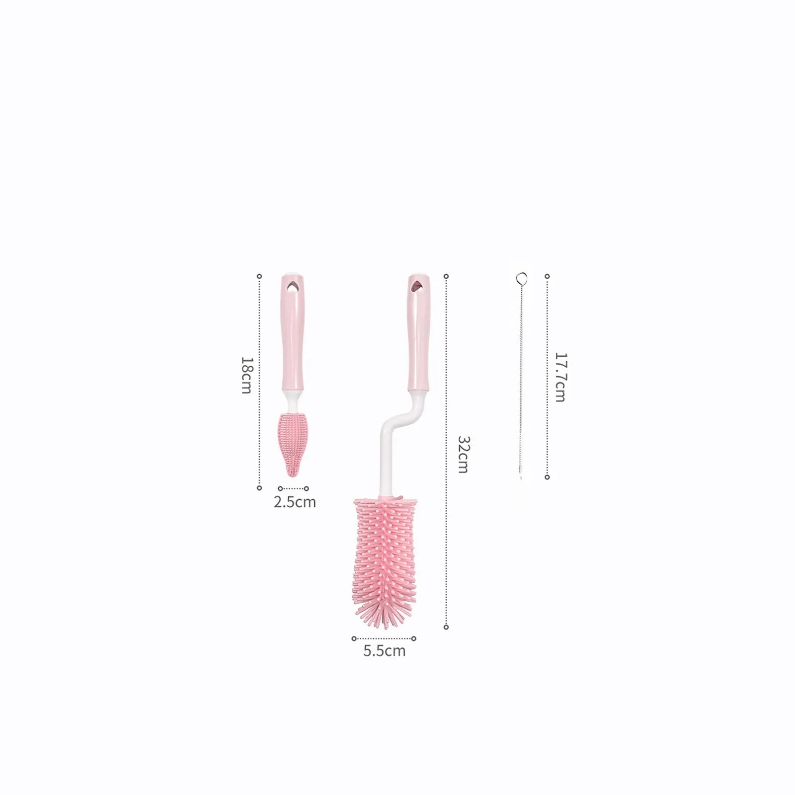 Blue, pink, and yellow silicone baby bottle brushes with an integrated straw cleaning tool.
