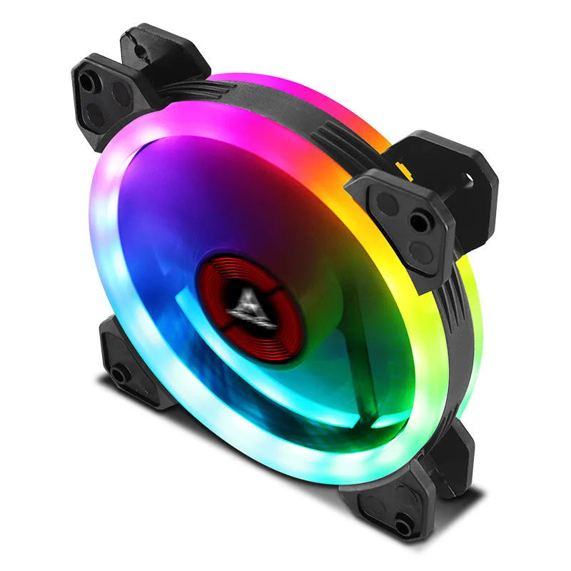 12cm PC chassis fan with camouflage pattern RGB lights and black blades.
