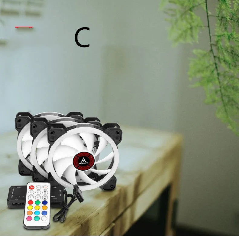 12cm PC chassis fan with camouflage pattern RGB lights and black blades.