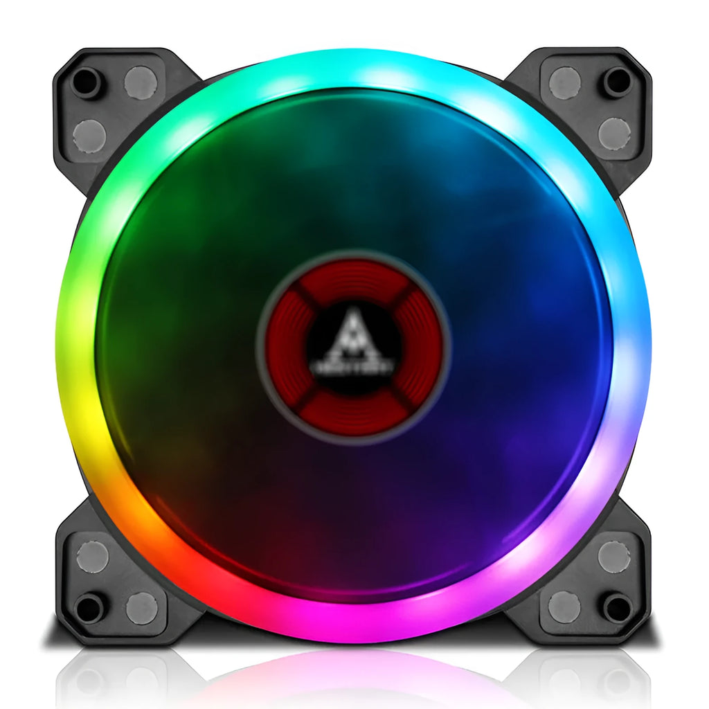 12cm PC chassis fan with camouflage pattern RGB lights and black blades.