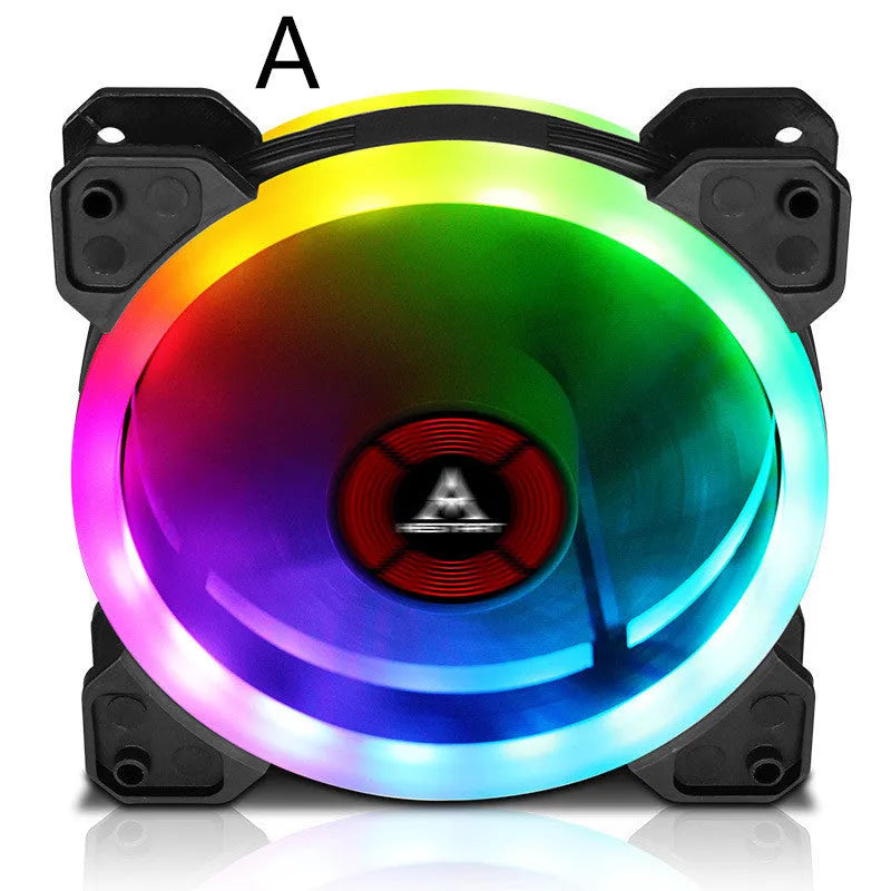12cm PC chassis fan with camouflage pattern RGB lights and black blades.
