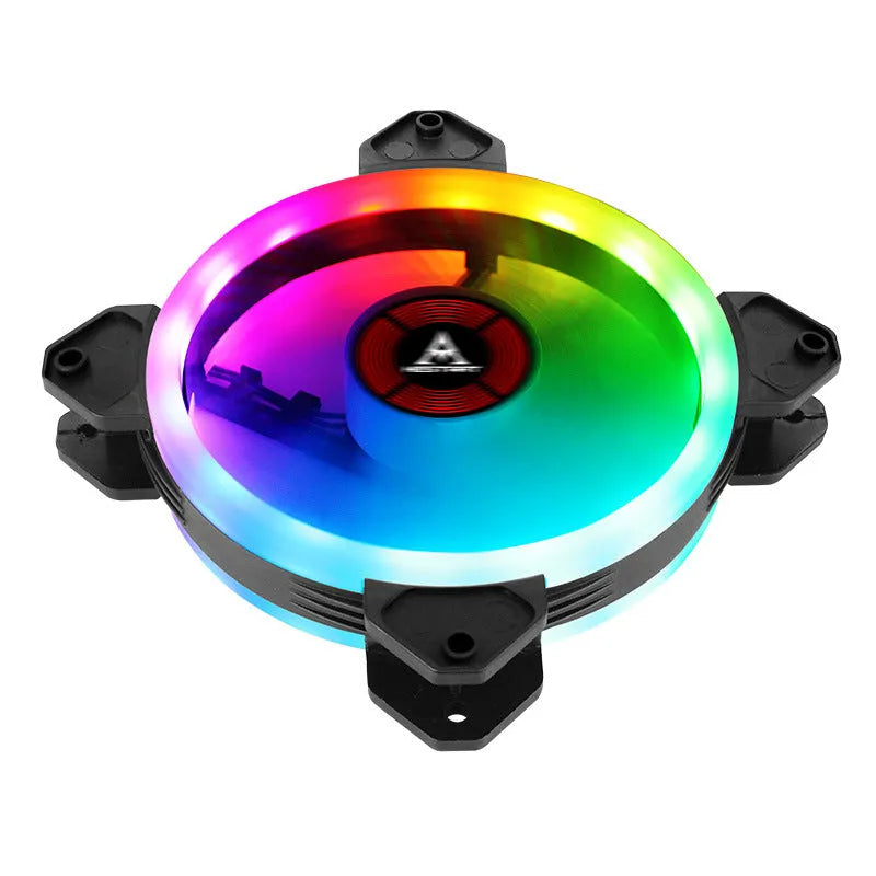 12cm PC chassis fan with camouflage pattern RGB lights and black blades.