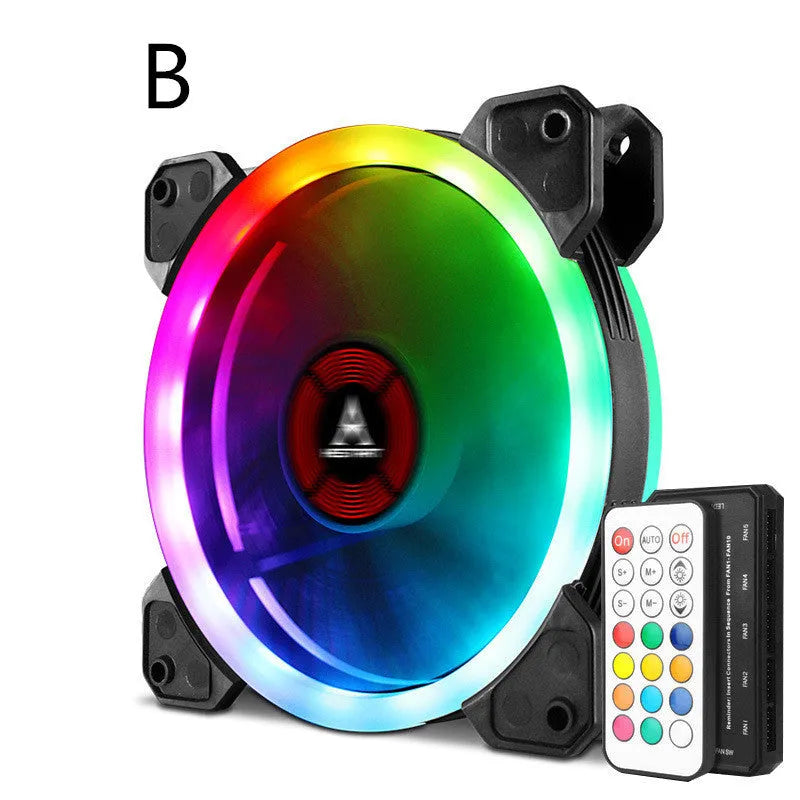 12cm PC chassis fan with camouflage pattern RGB lights and black blades.