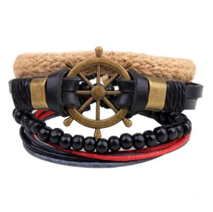 Hand-woven leather bracelet with wooden beads and adjustable closure in punk style