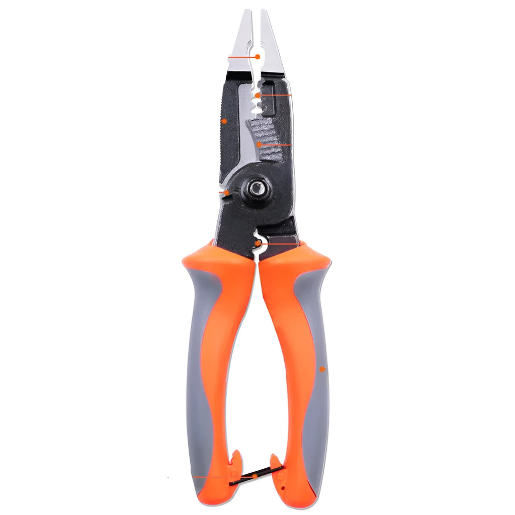 Orange 8-inch multifunctional electrician's pliers with wire stripper, showing duckbill shape and PPR handles.