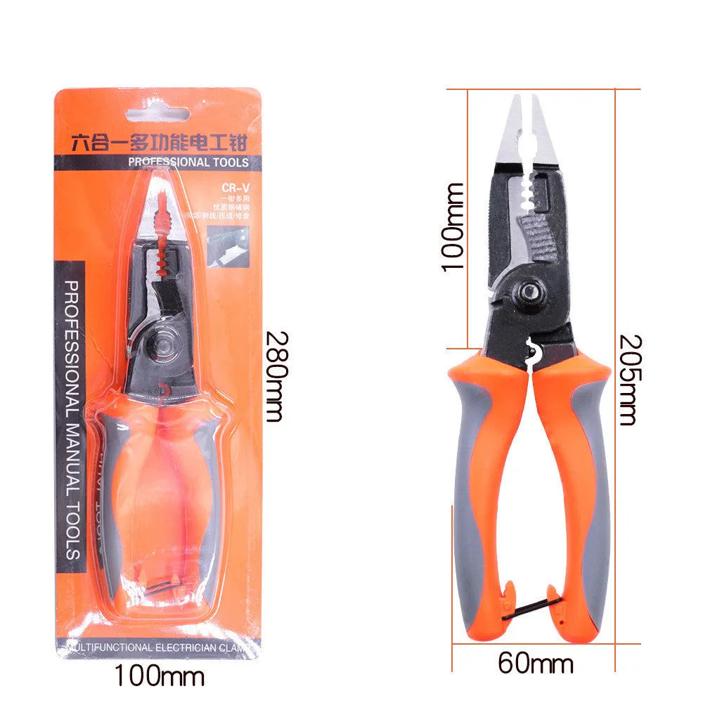 Orange 8-inch multifunctional electrician's pliers with wire stripper, showing duckbill shape and PPR handles.
