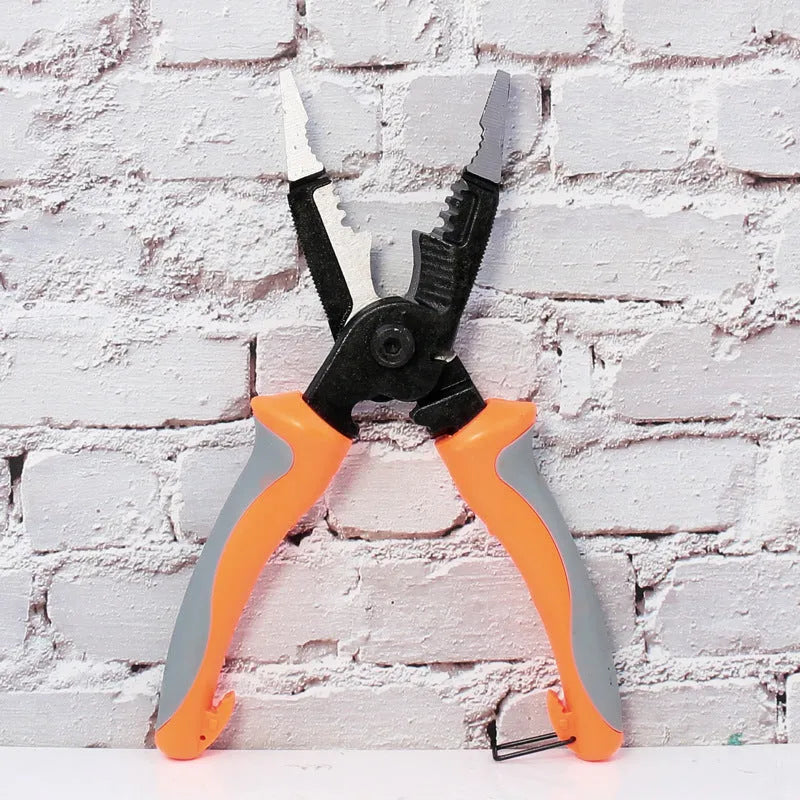 Orange 8-inch multifunctional electrician's pliers with wire stripper, showing duckbill shape and PPR handles.