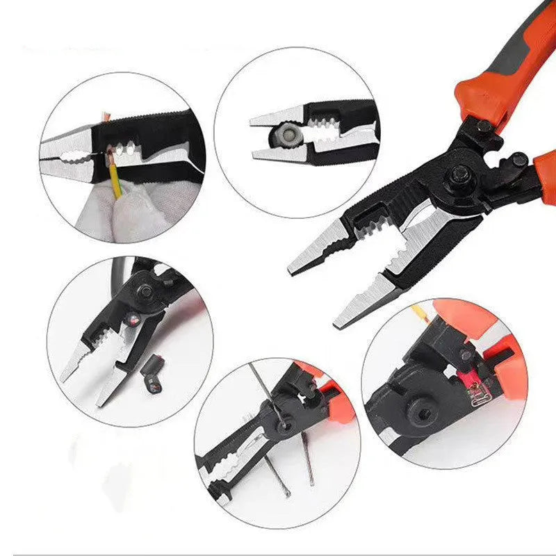 Orange 8-inch multifunctional electrician's pliers with wire stripper, showing duckbill shape and PPR handles.
