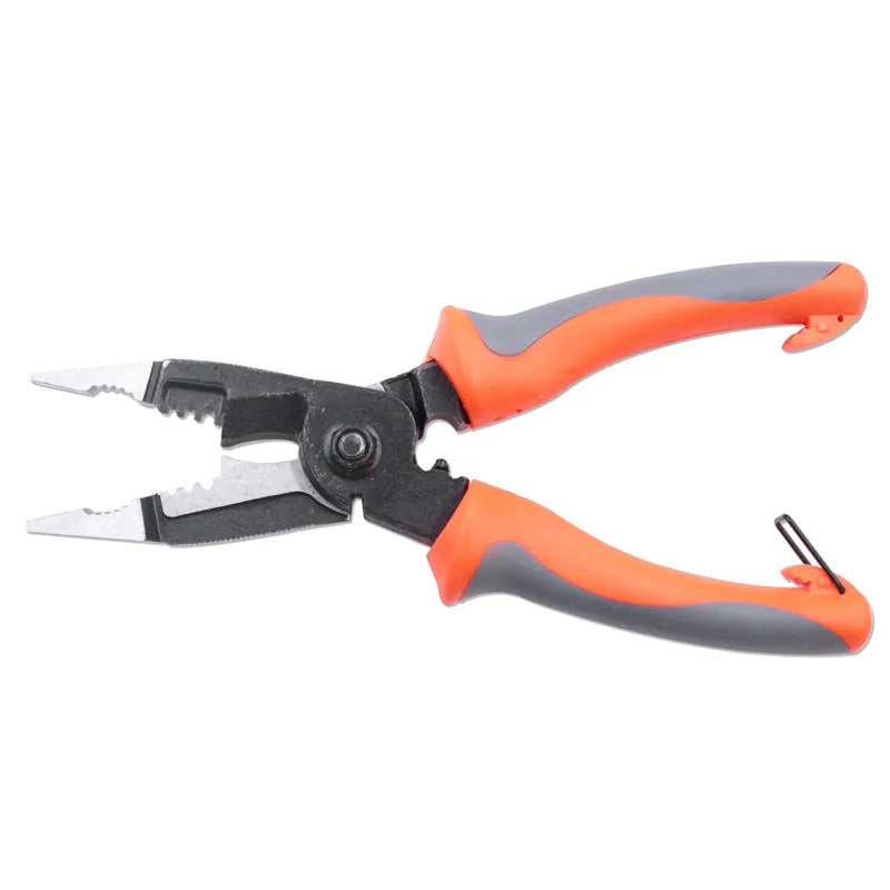 Orange 8-inch multifunctional electrician's pliers with wire stripper, showing duckbill shape and PPR handles.
