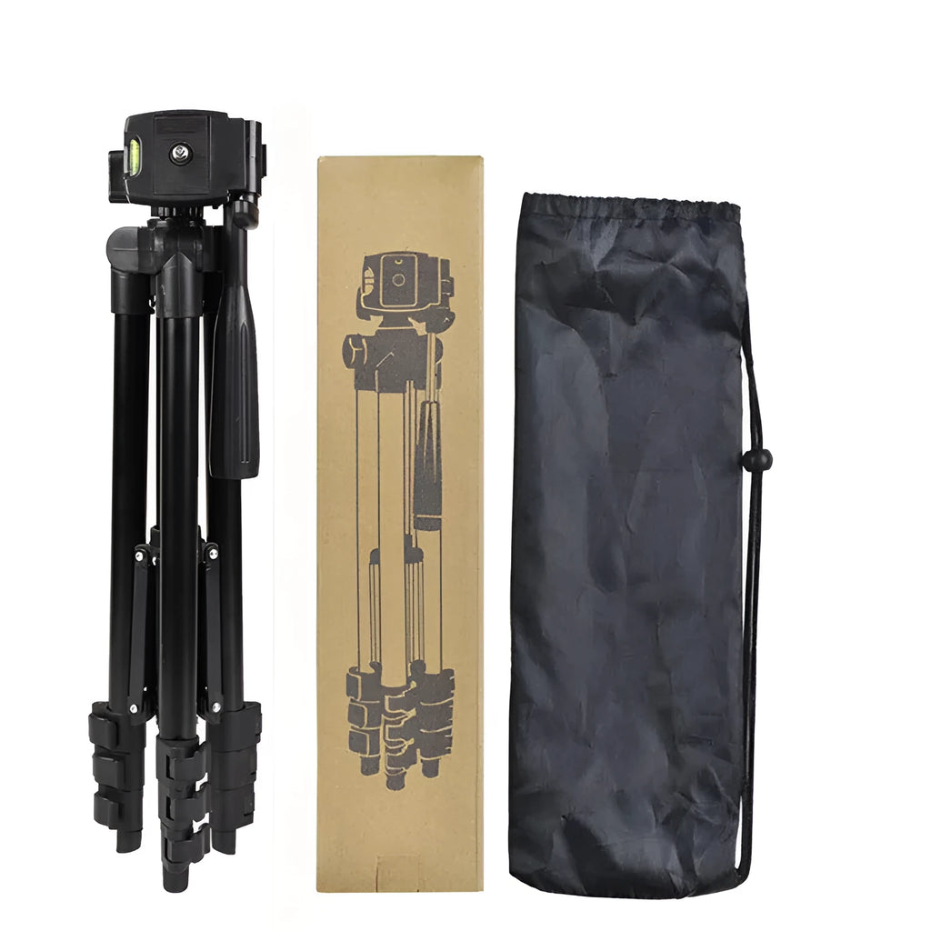 Black aluminium portable camera tripod with 4-section legs and a 3D pan head, shown at mid-height.