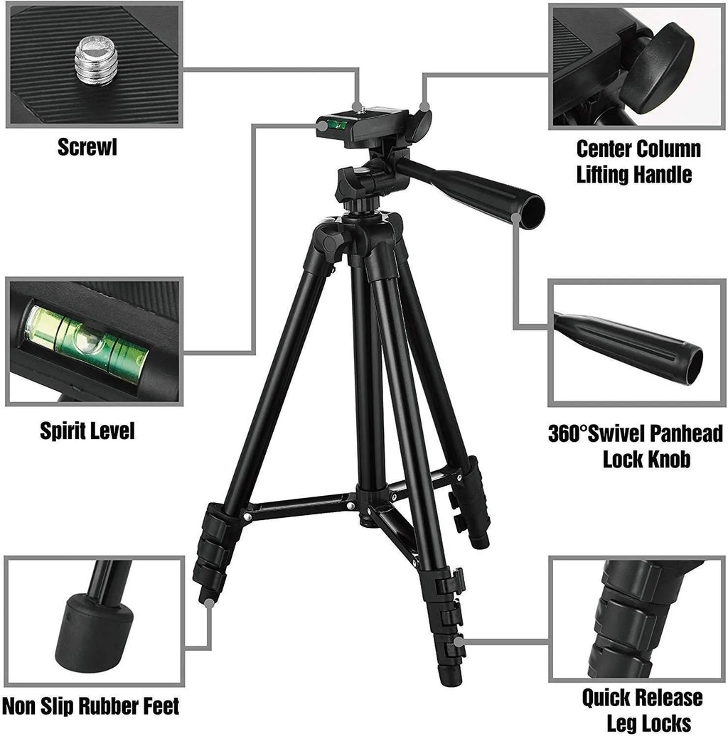 Black aluminium portable camera tripod with 4-section legs and a 3D pan head, shown at mid-height.