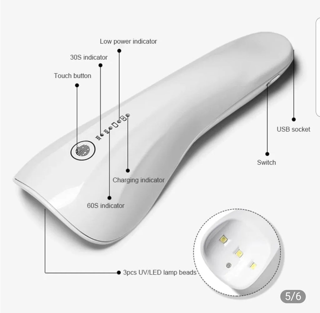 White 5W portable handheld UV LED nail lamp with micro USB charging cable, 165mm body