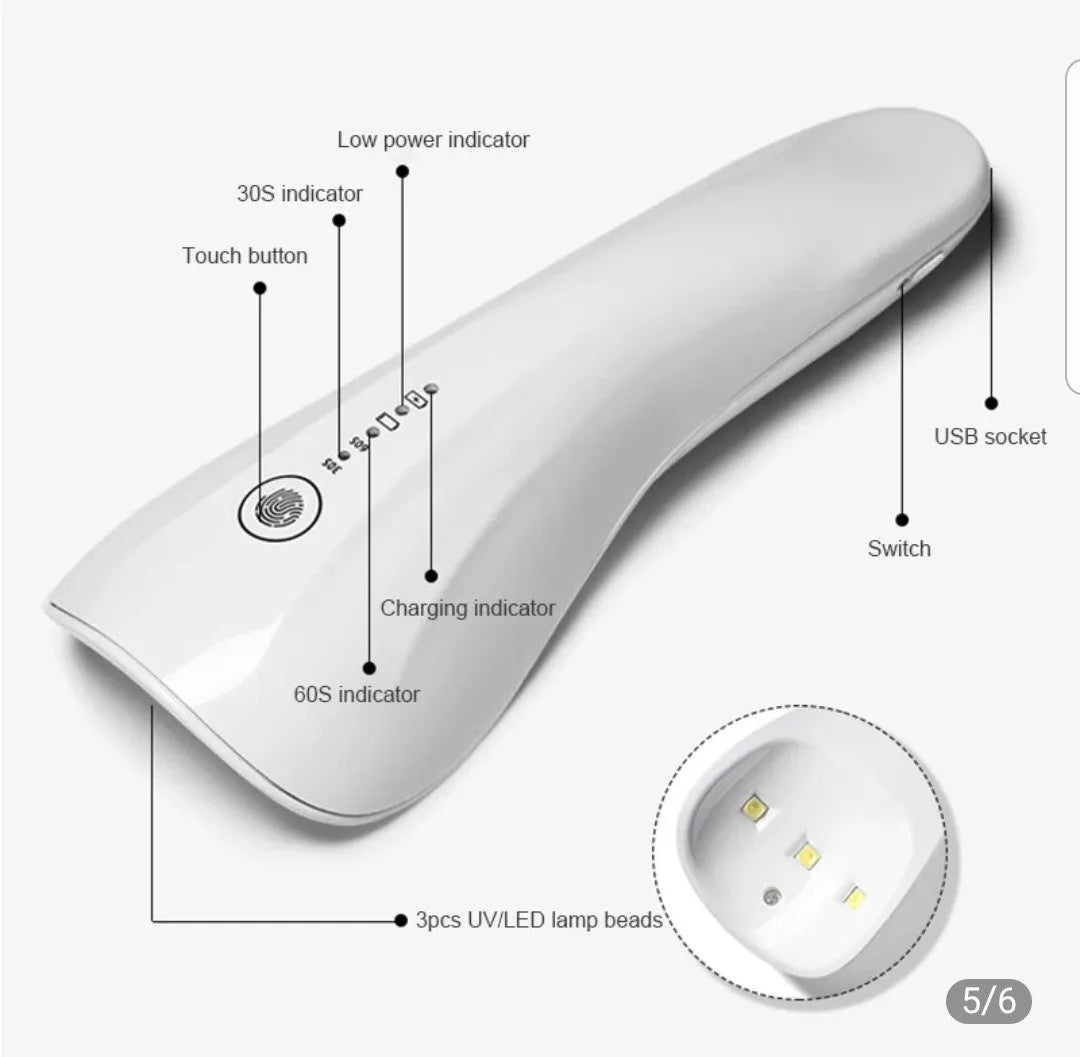 White 5W portable handheld UV LED nail lamp with micro USB charging cable, 165mm body
