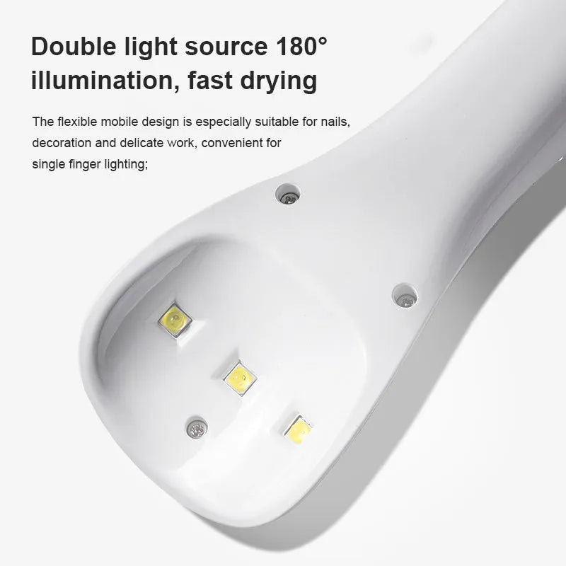 White 5W portable handheld UV LED nail lamp with micro USB charging cable, 165mm body