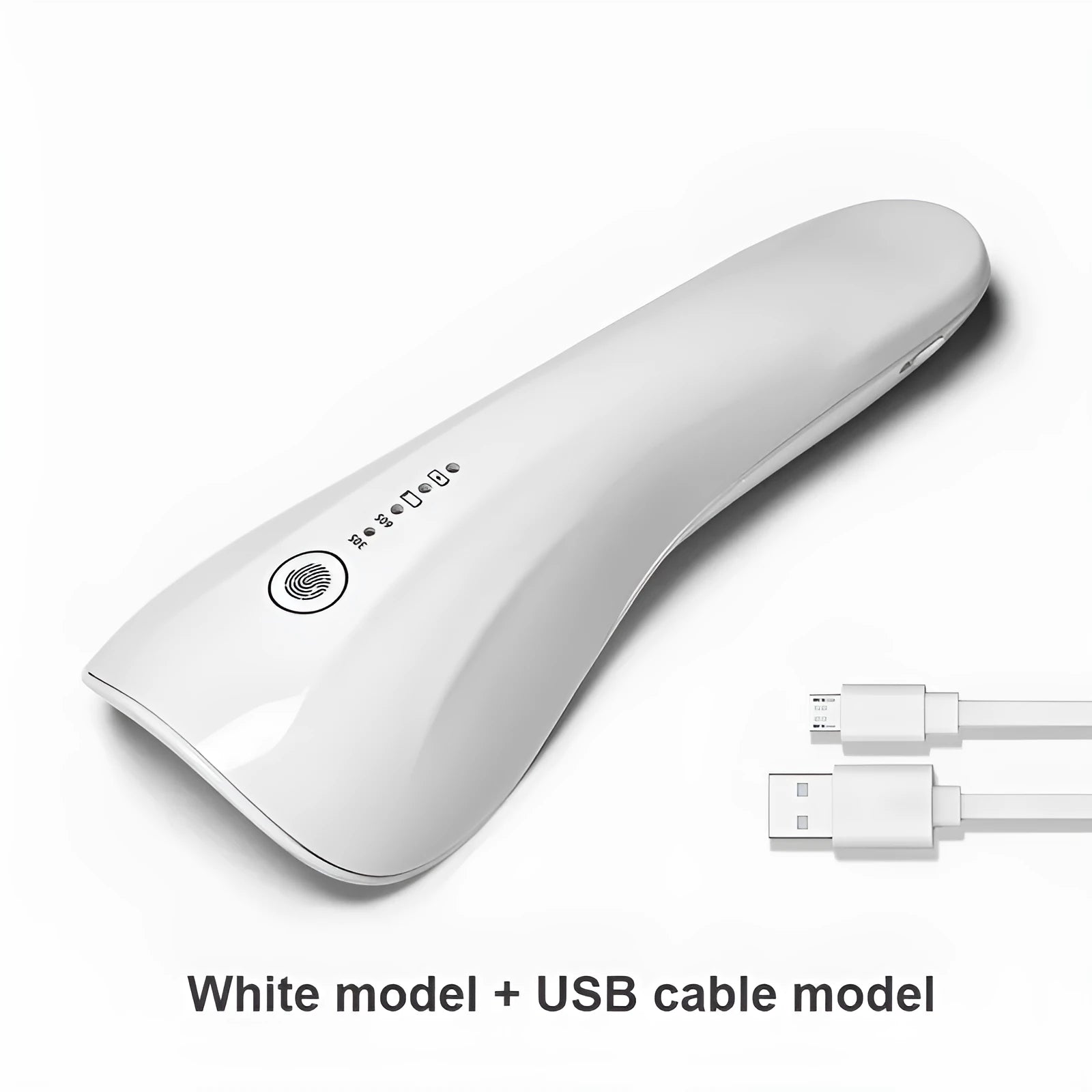 White 5W portable handheld UV LED nail lamp with micro USB charging cable, 165mm body