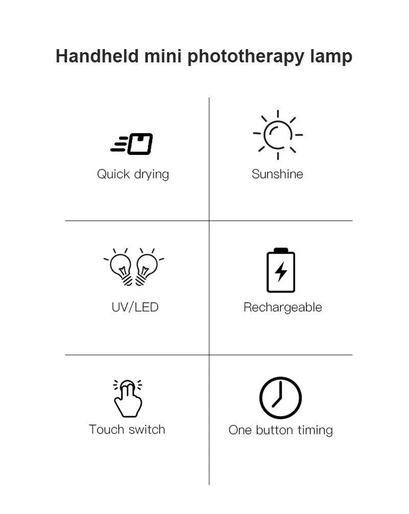 White 5W portable handheld UV LED nail lamp with micro USB charging cable, 165mm body