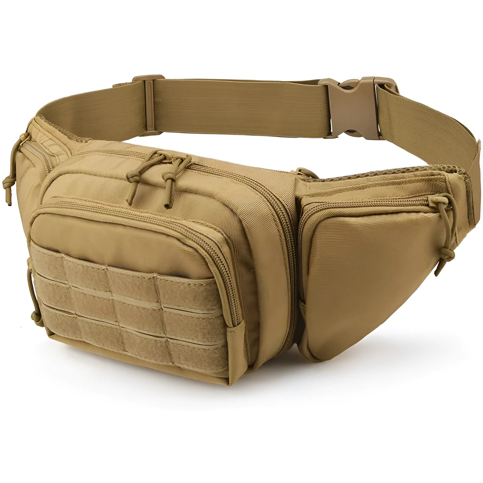 A black tactical multifunctional waist bag with an adjustable belt, shown laid flat.