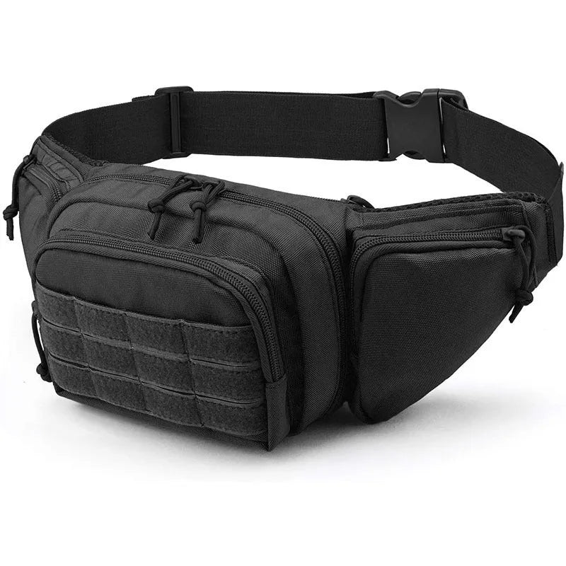 A black tactical multifunctional waist bag with an adjustable belt, shown laid flat.