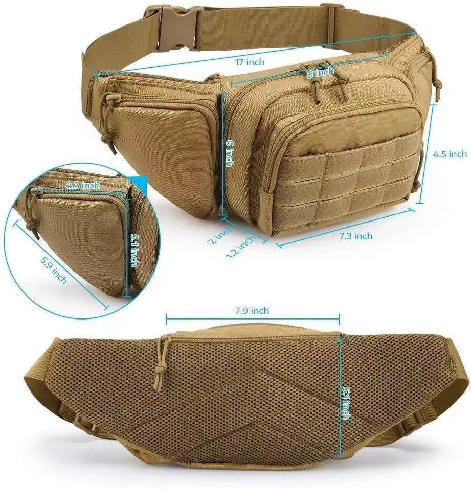 A black tactical multifunctional waist bag with an adjustable belt, shown laid flat.