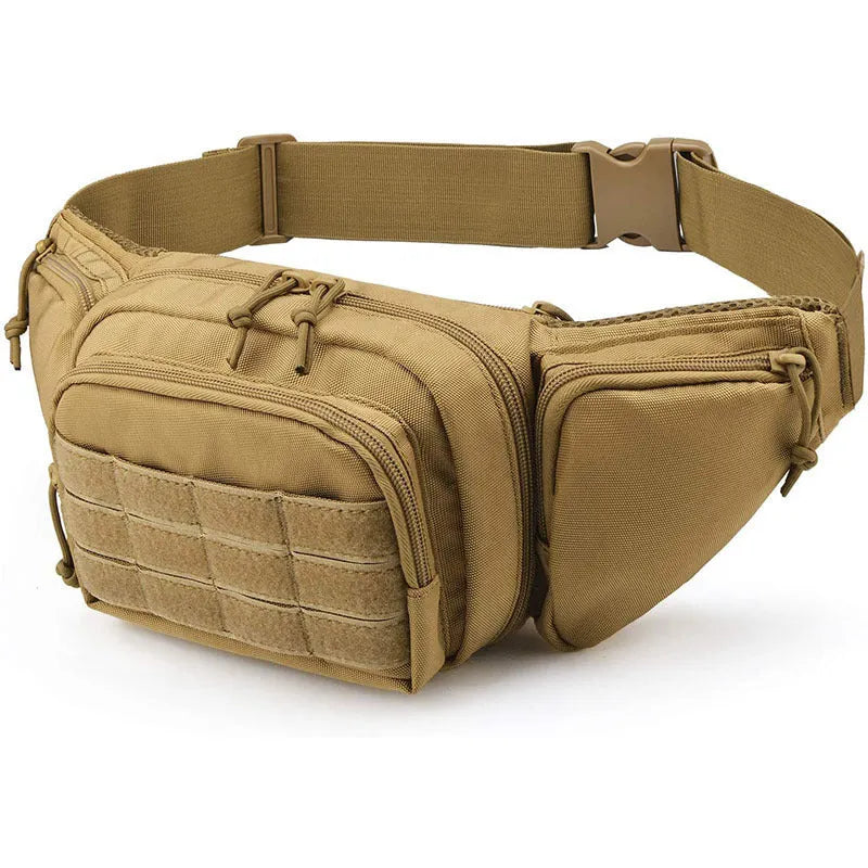 A black tactical multifunctional waist bag with an adjustable belt, shown laid flat.