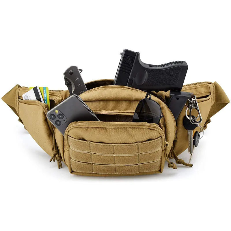 A black tactical multifunctional waist bag with an adjustable belt, shown laid flat.