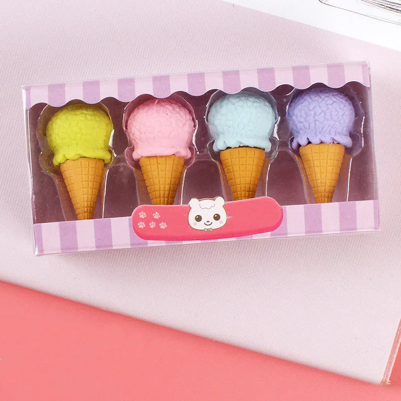 Pack of 12 colourful cartoon erasers shaped like ice cream, donuts, and lollipops for children.