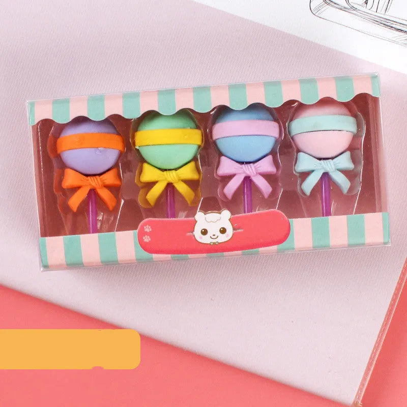 Pack of 12 colourful cartoon erasers shaped like ice cream, donuts, and lollipops for children.