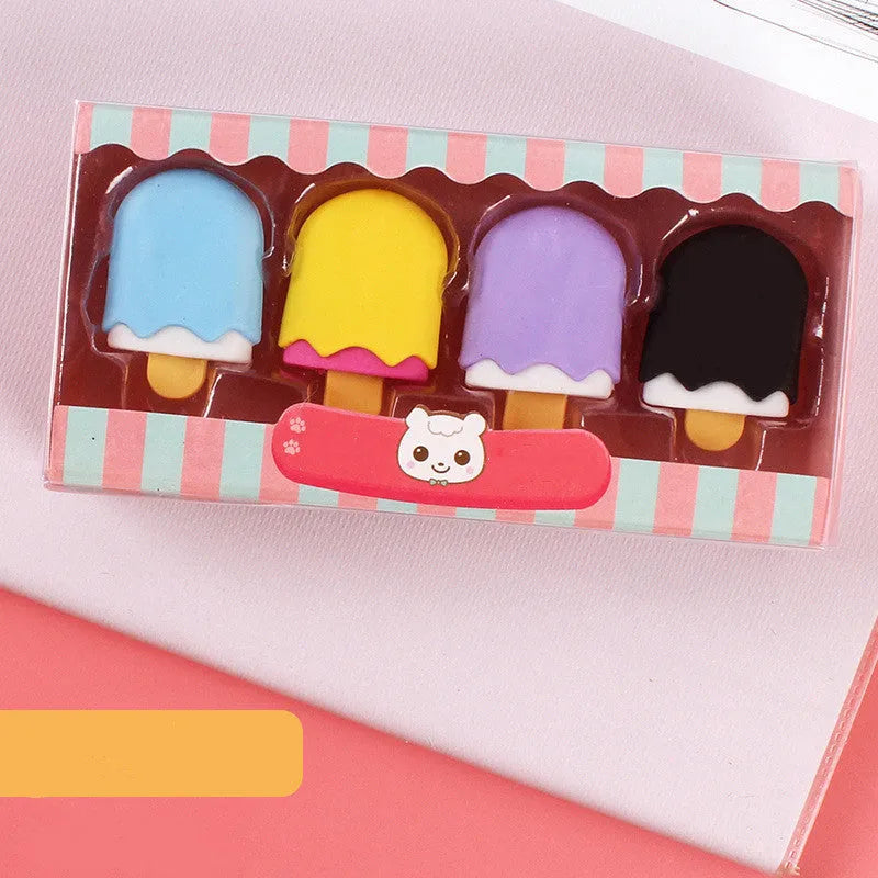 Pack of 12 colourful cartoon erasers shaped like ice cream, donuts, and lollipops for children.