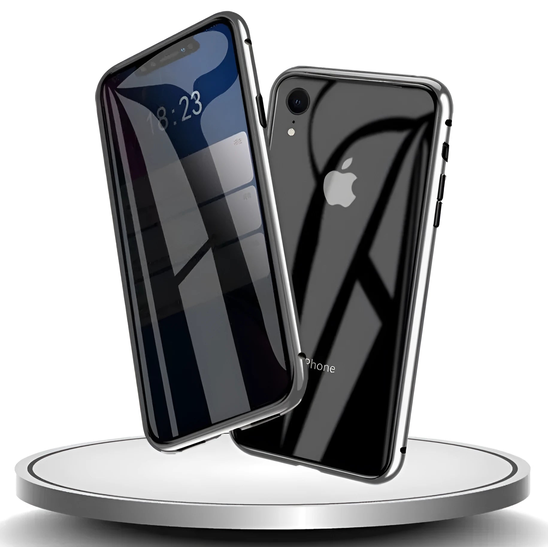 Black glass anti-spy clamshell privacy case for iPhone, shown open and closed.