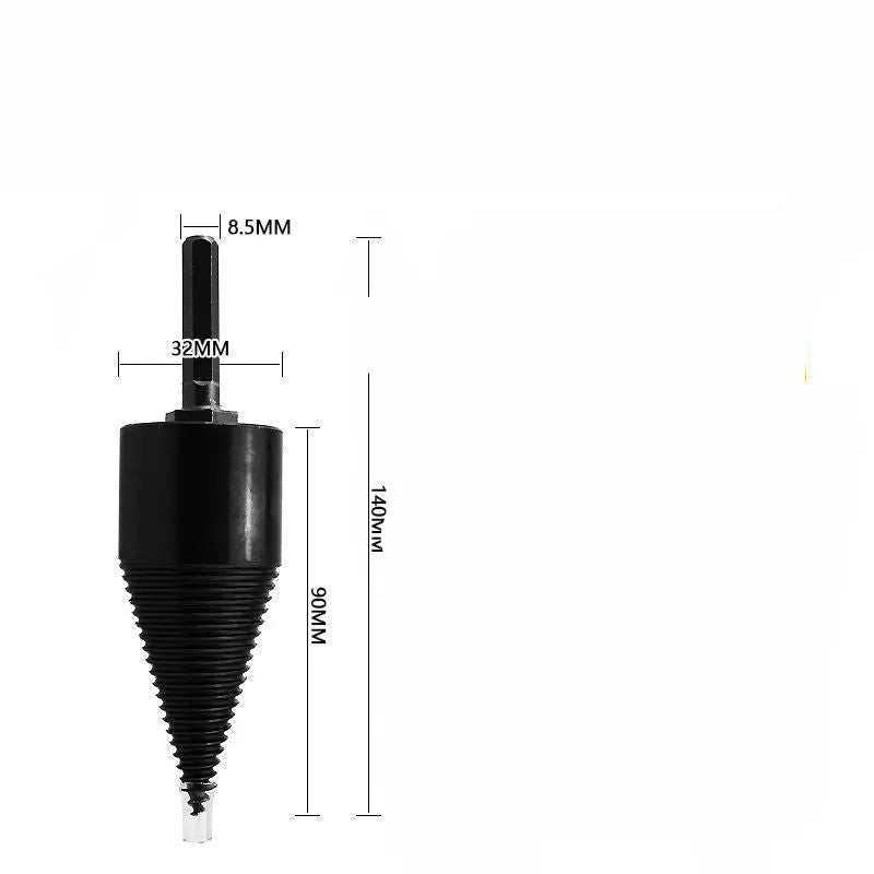 Hardened steel hexagonal firewood splitting drill bit with cone tip, shown in 32mm and 42mm sizes.