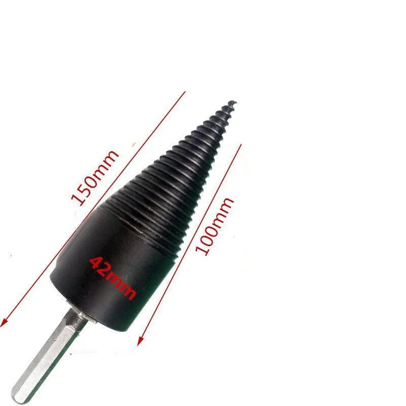 Hardened steel hexagonal firewood splitting drill bit with cone tip, shown in 32mm and 42mm sizes.