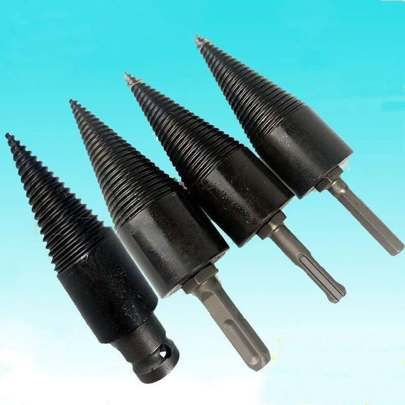 Hardened steel hexagonal firewood splitting drill bit with cone tip, shown in 32mm and 42mm sizes.