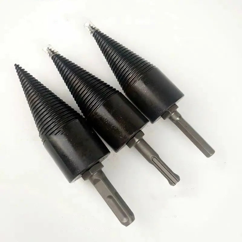 Hardened steel hexagonal firewood splitting drill bit with cone tip, shown in 32mm and 42mm sizes.