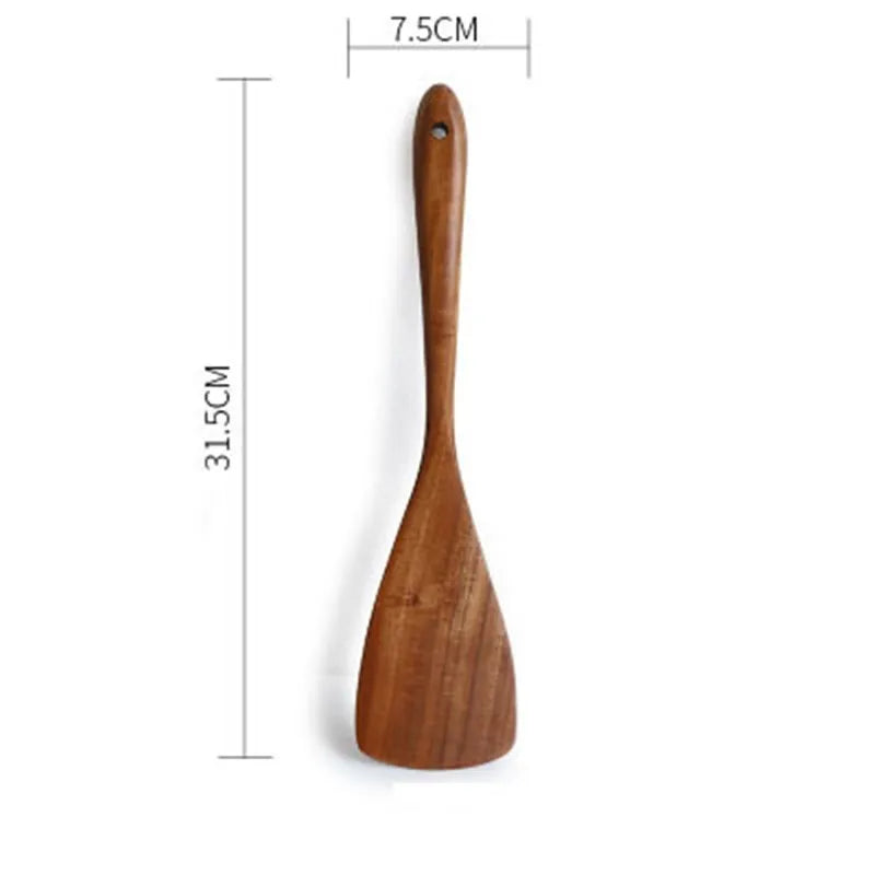 Teak wood kitchenware set with six cooking utensils including frying shovel and soup spoons