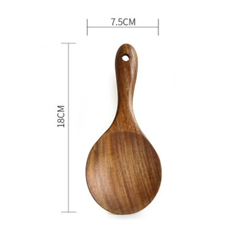 Teak wood kitchenware set with six cooking utensils including frying shovel and soup spoons