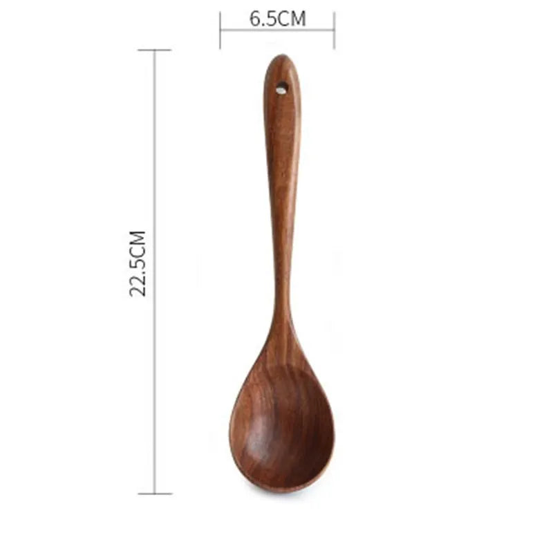 Teak wood kitchenware set with six cooking utensils including frying shovel and soup spoons