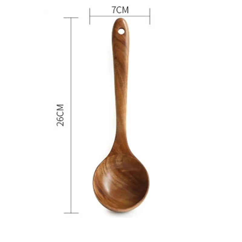 Teak wood kitchenware set with six cooking utensils including frying shovel and soup spoons