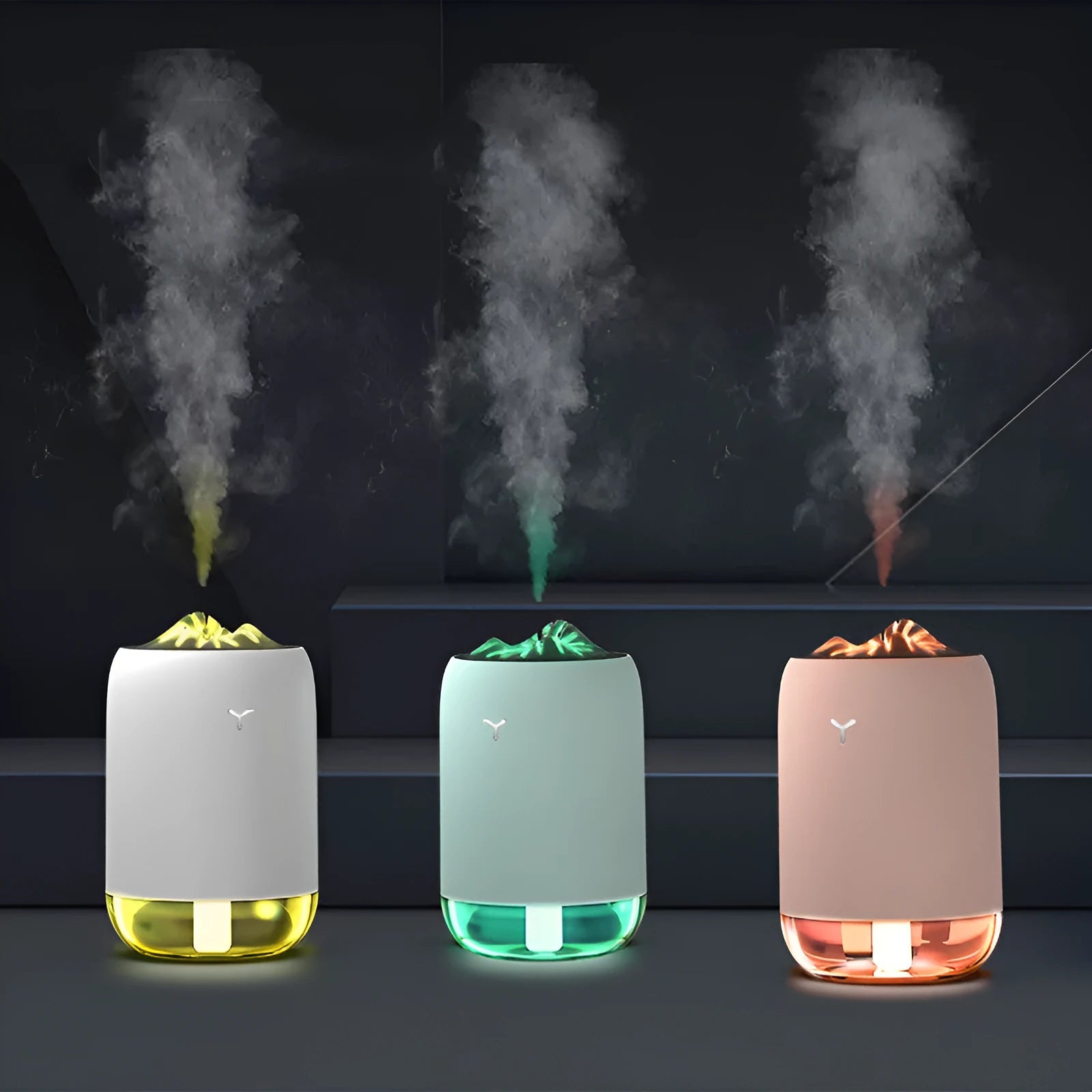 White Magic Flame columnar USB humidifier and aroma diffuser on a desk.