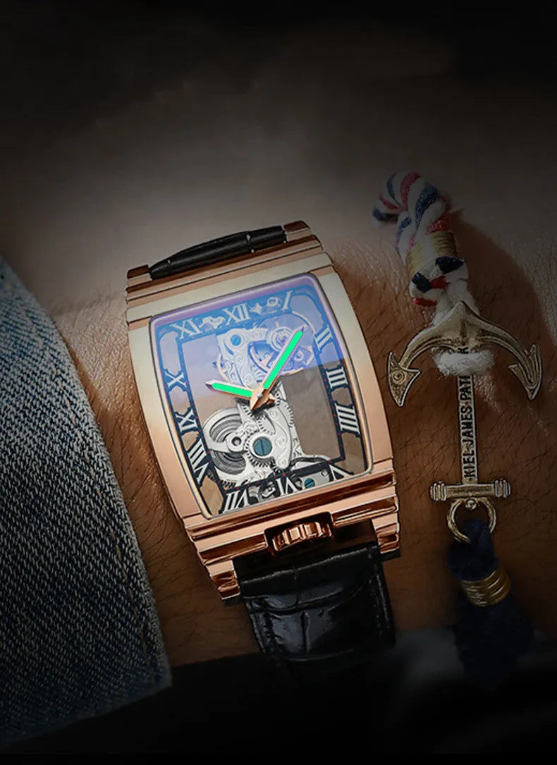Unisex square stainless steel mechanical watch with leather strap and white dial.